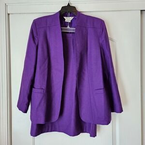 Vintage Tan Jay Skirt Suit Set Purple Wool Blend Size 14 90s Office Professional
